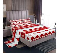 Homemissing Christmas Bed Sheets Set Double Size Xmas Tree Bed Set for Kids Boys Girls Snowflake Heart Deep Pocket Fitted Sheet Geometry Breathable Soft Lightweight Microfiber