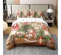 Homemissing Christmas Bedding 100% Cotton Duvet Cover Set Double Size Santa Rider Bedding Set Snowflake Comforter Cover Set Horse Bedspread Cover Beige Brown
