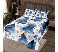 Homemissing Christmas Bedspread 2 Pieces Single Size Xmas Tree Coverlet Set Soft Cozy Watercolor Blue Lightweight Quilted Coverlet for All Season With 1 Pillowcase Snowflake