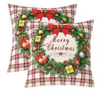 Homemissing Christmas Theme Cushion Covers Set of 2 55x55cm Christmas Wreath Bow 3D Print Throw Pillow Covers For Sofa Bed Chair Xmas Gift Square Pillowcase Red Plaid Room Decor
