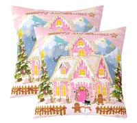 Homemissing Christmas Throw Pillow Covers Set of 2 45x45cm | Snowman Castle Tree Painting Cushion Covers Gingerbread Man Pillow Case Fairy Tales Dreamy Cushion Case Bedroom Decor