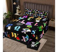 Homemissing Colorful Cartoon Letters Kids Bedspread Double Size ABC Alphabet Coverlet Set Educational Quilted Coverlet for All Season With 2 Pillowcases for Children's Lightweight Cute Animals