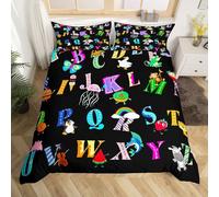 Homemissing Colorful Cartoon Letters Kids Duvet Cover King Size ABC Alphabet Bedding Set for Boys Girls Educational Comforter Cover for Children's Bedroom Decor 3Pcs Cute Animals