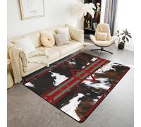 Homemissing Cow Fur Print Area Rug 100 * 150cm Polyester Western Farm Animal Skin Living Room Rugs for Bedroom Cowhide Decor Carpet Cowboy Indoor Floor Mat Dark Red Green Soft Non-slip