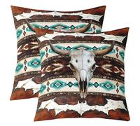 Homemissing Cow Skull Throw Pillow Covers 2 Pcs Cowhide Cow Print Retro Fur Cushion Covers Boho Rustic Pillow Case Exotic Geometric Cushion Case Western Kids Boys Girls Bedroom Decor 45x45cm