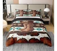 Homemissing Cowboy Duvet Cover 100% Cotton Single Size Cowhide Cow Print Vintage Animal Retro Fur Bedding Set Boho Rustic Comforter Cover 2Pcs Exotic Geometric Bedroom Decor Western Aztec