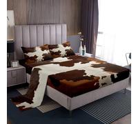 Homemissing Cowhide Print Bed Sheets Set Double Size For Kids Boys Girls Farm Animal Skin Pattern Bedroom Decor Western Animal Print 4Pcs with 1 Pillowcase Brown Bedding