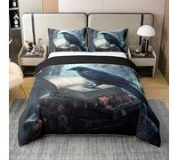 Homemissing Crow Bedding Set Super King Size Black Raven Comforter Cover for Kids Black Feathers Bird Rustic Halloween Books Leaves Duvet Cover 100% Cotton Room Decor With 2 Pillow Case Soft 3Pcs