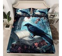 Homemissing Crow Fitted Sheet Double Black Raven Bedding for Kids Adults Black Feathers Bird Rustic Halloween Books Leaves Bed Sheets Set 16" Deep Pocket Room Decor With 2 Pillow Case All Season 3Pcs