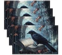 Homemissing Crow Table Mats 45X30cm Black Raven Place Mat for Kitchen Dining for Kids Teens Adults Black Feathers Bird Rustic Halloween Books Leaves Placemats Set of 4 Room Decor