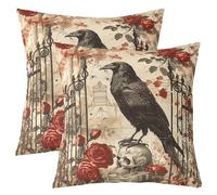Homemissing Crow Throw Pillow Covers 45x45cm Set of 2 Soft Boys Girls Sugar Skull Cushion Case For Kids Red Rose Flower Decor Pillowcase Halloween Theme Grey Black Room Decor