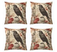 Homemissing Crow Throw Pillow Covers 45x45cm Set of 4 Soft Boys Girls Sugar Skull Cushion Case For Kids Red Rose Flower Decor Pillowcase Halloween Theme Grey Black Room Decor