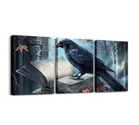 Homemissing Crow Western Aztec Picture Wall Decor 30x40cmx3 Piece Black Raven Canvas Wall Art for Living Room Black Feathers Bird Rustic Halloween Books Leaves Office Ornament Artwork Posters Painting
