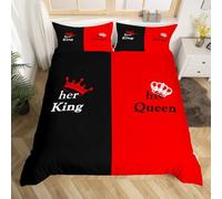 Homemissing Crown Duvet Cover Double, Lovers Red Black Mr Mrs Comforter Cover Queen and King Bedding Set for Lovers Couple Lover Bedspread Cover 3Pcs With 2 Pillow Case