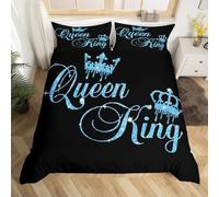 Homemissing Crown King and Queen Couple Duvet Cover Set His and Hers Bedding Set for Teens Women Men Black Navy Blue King Size,Lover Romantic Valentine'S Day Decorations Bedspread Cover (No Glitter)