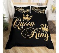 Homemissing Crown King and Queen Couple Duvet Cover Set His and Hers Bedding Set for Teens Women Men Black Golden King Size,Lover Romantic Valentine'S Day Decorations Bedspread Cover (No Glitter)