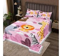 Homemissing Cute Animal Nursery Bedspread 2 Pieces Single Size Cartoon Lion Giraffe Coverlet Set Soft Cozy Zoo Animal Lightweight Quilted Coverlet With 1 Pillowcase Wildlife Jungle Plant