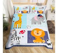 Homemissing Cute Animal Nursery Duvet Cover Single Size Cartoon Lion Giraffe Bedding Set for Boys Girls Zoo Animal Comforter Cover Wildlife Ball Game Bedroom Decor 2Pcs