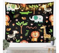 Homemissing Cute Animals Tapestry XLarge 69x91 Inch Kids Lion Giraffe Elephant Monkey Zebra Wall Art Cartoon Zoo Wall Hanging Blanket Microfiber