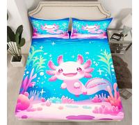 Homemissing Cute Axolotl Fitted Sheet with 2 Pillowcases Double Cartoon Salamander Bed Sheets Set 16" Deep Pocket Boys Girls Kawaii Ocean Sealife Bedding Best Axolotl Gifts Room Decor Reptile Animal