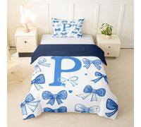 Homemissing Cute Blue Bow Duvet Cover Cot Size Personalized Initial P Bedding Set Breathable Soft Ribbon Bow Knot Comforter Cover 2Pcs Princess Bowknot Bedroom Decor Kawaii