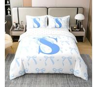 Homemissing Cute Blue Bow Kids Bedding Set King Size,Boys Girls Monogrammed Duvet Cover 100% Cotton,Initial Letter S Soft Comforter Cover Set,Cute Coquette Bow Knot Personalized Letter S,No Comforter