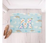 Homemissing Cute Blue Rainbow Bathroom Rugs Star Moon Print Soft Fleece Door Carpet Personalized Letter M Non Slip Bath Mat Colorful Love Heart Bathroom Doormat,16x24Inch
