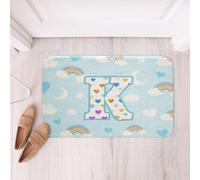 Homemissing Cute Blue Rainbow Polyester Bath RugStar Moon Print Soft Fleece Door Carpet Personalized Letter K Non Slip Bath Mat Colorful Love Heart Bathroom Doormat,16x24Inch