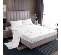Homemissing Cute Boeknot Bed Sheets Set Double Size Polka Dot Kawaii Fitted Sheet for Kids Boys Girls Pink White Decor Bedding Set Soft Lightweight Microfiber Bedroom Decor（With 2 Pillow Cases）