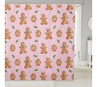 Homemissing Cute Bow Gingerbread Man Shower Curtain for Bathroom Decor Kids 180x240cm Pink Christmas Green Leaves Bath Curtain for Boys Girls Teens Kawaii Xmas Biscuits Winter Holiday Accessories