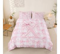 Homemissing Cute Bowknot Duvet Cover Super King Size Pink White Love Hearts Plaid Bedding Set for Boys Girls Personalized Initial Alphabet Letter X Comforter Cover 3Pcs With 2 Pillowcases