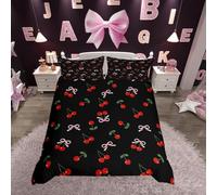 Homemissing Cute Bows Cherry Bedding Set Double Size Kids Watercolor Bow Comforter Cover for Boys Girls Teens Summer Fruit Duvet Cover Breathable Soft Lightweight Microfiber Bowknot Black Room Decor
