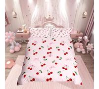 Homemissing Cute Bows Cherry Bedding Set Single Size Kids Watercolor Bow Comforter Cover for Boys Girls Teens Summer Fruit Duvet Cover Breathable Soft Lightweight Microfiber Bowknot Pink Room Decor