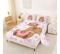 Homemissing Cute Capybara Bed Sheets Set Double Size Pink Bow Deep Pocket Fitted Sheet Donut Bedding Sets Soft Bed Set 4Pcs with 2 Pillow Cases