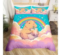 Homemissing Cute Capybara Duvet Cover Single Size Bubble Tea Bedding Set for Boys Girls Boba Tea Comforter Cover Kawaii Bedroom Decor 2Pcs
