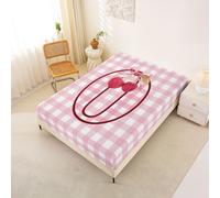 Homemissing Cute Cherry Bow Fitted Sheet 135x200cm Initial Letter O Bed Sheets Set 30cm Deep Pocket Girls Pink White Plaid Bedding Girly Bowknot Teens Bedroom Decor Breathable