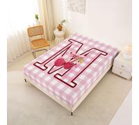 Homemissing Cute Cherry Bow Fitted Sheet 150x200cm Initial Letter M Bed Sheets Set 30cm Deep Pocket Girls Pink White Plaid Bedding Girly Bowknot Teens Bedroom Decor Breathable
