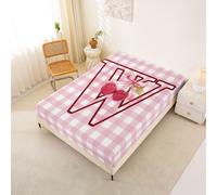 Homemissing Cute Cherry Bow Fitted Sheet 150x200cm Initial Letter W Bed Sheets Set 30cm Deep Pocket Girls Pink White Plaid Bedding Girly Bowknot Teens Bedroom Decor Breathable
