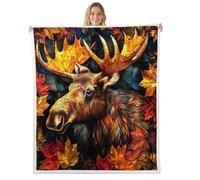 Homemissing Cute Deer Sherpa Throw Blanket for Couch Wild Animal Super Soft Cozy Fleece Autumn Maple Leaves Blanket for Winter, Plush Throw Rustic Cabin Country Queen 90x90Inch All Season