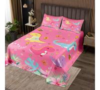 Homemissing Cute Dinosaur Bedspread King Size Princess Dino Coverlet Set Wild Animal Quilted Coverlet for All Season With 2 Pillowcases Cartoon Floral Microfiber Lightweight