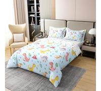 Homemissing Cute Dinosaur Duvet Cover 100% Cotton Super King Size Princess Dino Bedding Set for Boys Girls Wild Animal Comforter Cover Cartoon Floral Bedroom Decor 3Pcs With 2 Pillowcases