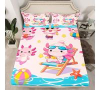 Homemissing Cute Funny Axolotl Fitted Sheet Double Size Cartoon Salamander Bed Sheets Set 16" Deep Pocket Microfiber Kawaii Ocean Sealife Bedding with 2 Pillowcases Best Axolotl Gifts Room Decor
