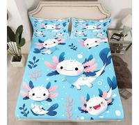 Homemissing Cute Funny Axolotl Fitted Sheet Single Size Kawaii Ocean Sealife Bed Sheets Set 16" Deep Pocket Microfiber Cartoon Salamander Bedding with 1 Pillowcase Best Axolotl Gifts Reptile Animal