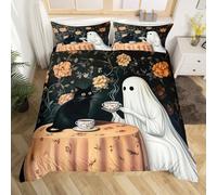Homemissing Cute Ghost Duvet Cover King Size Kids Vintage Halloween Afternoon Tea Bedding Set for Boys Girls Black Cat Duvet Cover Soft Lightweight Microfiber Room Decor（No Stuffing）