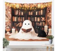Homemissing Cute Ghost Tapestry XLarge 69x91 Inch Kids Kawaii Black Cat Halloween Wall Art for Boys Girls Vintage Library Book Wall Hanging Blanket Microfiber