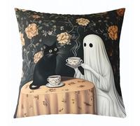 Homemissing Cute Ghost Throw Pillow Cover 45x45cm 1 Pcs Kids Vintage Halloween Afternoon Tea Cushion Case for Boys Girls Black Cat Decor Pillowcase Polyester
