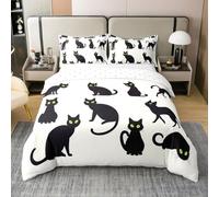 Homemissing Cute Halloween Duvet Cover 100% Cotton Black Cat Print Bedding Set Room Decor Animal Scaredy Cat Vintage Halloween Decor Comforter Cover Set King Size Black Bedspread Cover 3Pcs