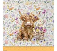 Homemissing Cute Highland Cow Fabric by The Yard 2 Yards (L184*W150cm) Farmhouse Animal Decorative Waterproof Outdoor Fabric Highland Cattle Daisy Flower Upholstery Fabric Western Retro Cowboy Style