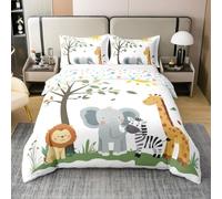 Homemissing Cute Jungle Animals Bedding Set Super King Size Kids Elephant Giraffe Lion Zebra Comforter Cover for Boys Girls Cartoon Wild Animal Nature Wildlife Duvet Cover 100% Cotton Soft 3Pcs