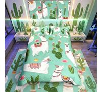 Homemissing Cute Llama Bedding Set for Girls Boys Child Cartoon Llama Alpaca Bedding & Linen Exotic Cactus Duvet Cover Boho Succulent Bedding & Linen King Size 3Pcs
